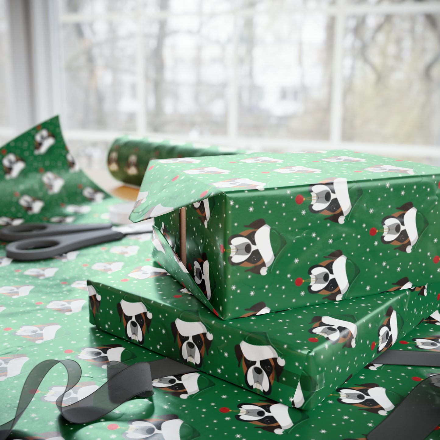 Santa Boxer (dog) Holiday Wrapping Paper - Green - Finleys Online