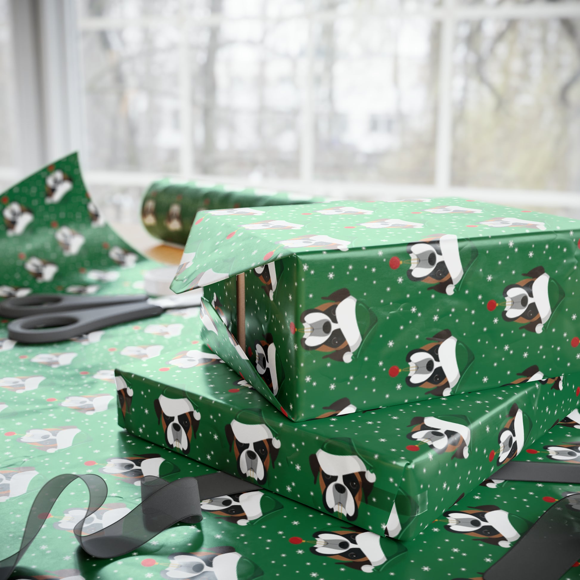 Santa Boxer (dog) Holiday Wrapping Paper - Green - Finleys Online