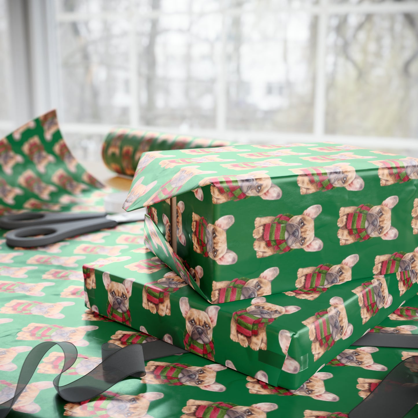 New Sizes: French Bulldog (Frenchie) Green Wrapping Paper - Finleys Online