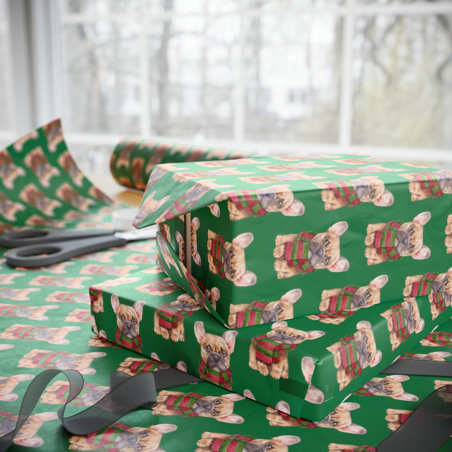 New Sizes: French Bulldog (Frenchie) Green Wrapping Paper - Finleys Online