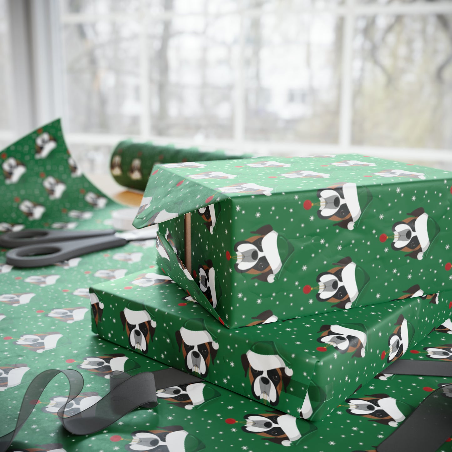 Santa Boxer (dog) Holiday Wrapping Paper - Green - Finleys Online